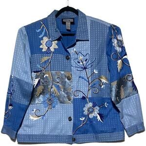 Indigo Moon Button-Up Jacket Women's Size Large Embroidered Flowers Lined